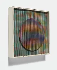 Carlos Cruz-Diez, Chromointerférence Mécanique, 1970, silkscreen on paper and plastic, motor and wood