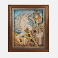 The Gentle Unicorn by Denis G Barrington, 1988, a three-dimensional mixed media work, sold Aug 2026