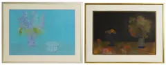 Bernard Myers, Blue Glass Compotier’ and 'Delphiniums Blue and White, pastel
