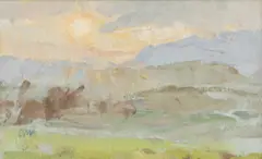 Diana Armfield, Mountain landscape at sunset, oil on board
