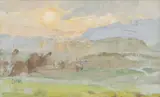 Diana Armfield, Mountain landscape at sunset, oil on board