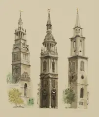 David Gentleman, Three Wren Churches, pen and ink and watercolour