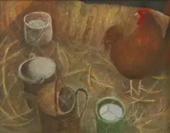 Tessa Newcomb, Cockerel with buckets, oil on board