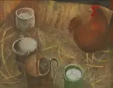 Tessa Newcomb, Cockerel with buckets, oil on board