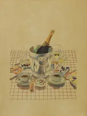 Glynn Boyd Harte, Champagne, cigarettes and tea, lithograph in colours