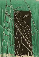 Bruce McLean, Figure, door and ladder, lithograph in colours