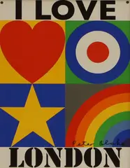 Sir Peter Blake, I Love London, lithographic print in colours on recycled tinplate