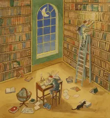 Ronald Ferns, Clowns in a library, pen and ink