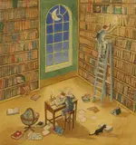 Ronald Ferns, Clowns in a library, pen and ink