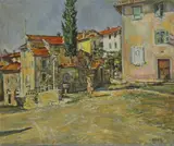 Nancy Weir Huntly, A figure in a Mediterranean town on a summer's day, oil on canvas