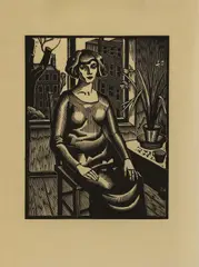 Woman by a Window by Ethelbert White, circa 1926, woodcut, sold Mar 2026