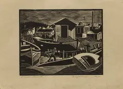 Barge Breakers, Bayonne by Ethelbert White, circa 1924, woodcut, sold Mar 2026