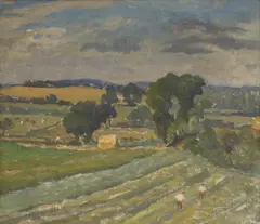 A landscape with two farmworkers by Ethelbert White, oil on canvas, sold Mar 2026