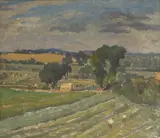Ethelbert White, A landscape with two farmworkers, oil on canvas