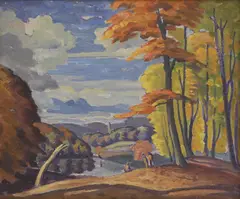Figures by a woodland lake by Ethelbert White, oil on canvas, sold Mar 2026