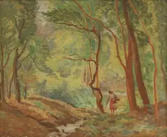Betty White, A woman foraging in woodland, oil on canvas