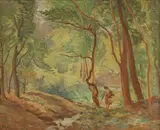 Betty White, A woman foraging in woodland, oil on canvas