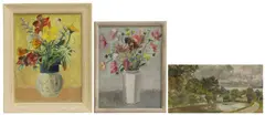 Jasper Rose, A group of three paintings, oil on board and a view of a pond with swans oil on board