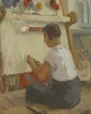 Elena Abramyan, Weaving a Carpet, oil on canvas