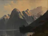 Peter Beadle, Mount Pembroke and the 'Lion', Milford Sound, Fiordland, oil on canvas board