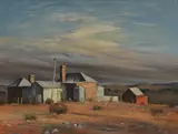 Rodney Symmons, Landscape with farm buildings, oil on board