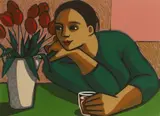 Anita Klein, Red Wine & Tulips, linocut in colours