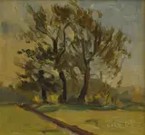 Keith Michell, Trees, Hampstead Heath, oil on board