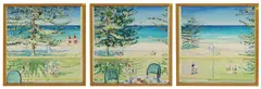 Keith Michell, Triptych of terrace with a view of Glenelg Beach, Adelaide, Australia, acrylic on board