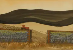 Robert Tavener, Downs and Tractor, watercolour