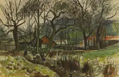 Edwin La Dell, Cottages in woodland, watercolour and gouache