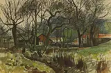 Edwin La Dell, Cottages in woodland, watercolour and gouache