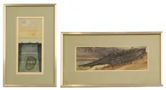 David Holt, Two paintings of Romney Marsh beach, ink and watercolour