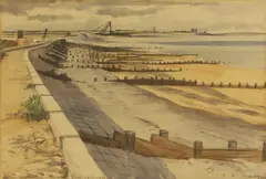 David William Burley, The New Sea Wall, Birchington, pencil and watercolour