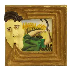 Nigel Davison, Harvesting Surrounded by a Strong Wind, oil on board within a painted sculptural surround