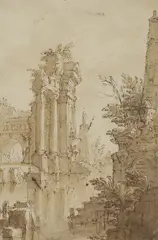 Mauro Antonio Tesi, A capriccio of classical ruins by a river, pen and brown ink and washes with red chalk