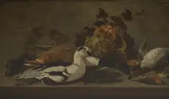 Jan Vonck, Still life of fruit and dead game on a stone ledge, oil on panel