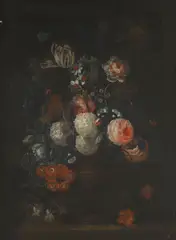 Herman Verelst, A still life of flowers in a terracotta vase on a stone ledge, oil on canvas