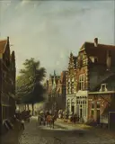 Jan Jacob Spohler, A Dutch street scene with figures and horse-drawn carts, oil on panel
