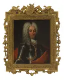 Alexis Simon Belle, Portrait of a nobleman, half-length, in armour, in an ornate carved giltwood frame crowned with military paraphernalia