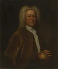 John Theodore Heins, Portrait of a scholar, half-length, in a brown coat and holding a skull, oil on canvas