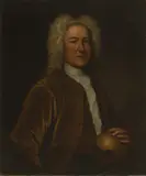 John Theodore Heins, Portrait of a scholar, half-length, in a brown coat and holding a skull, oil on canvas