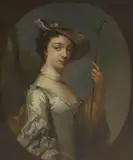 Frans van der Mijn, Portrait of a young lady, half-length, in a silver dress and silk hat with pink rose, holding a hoe, oil on canvas