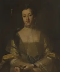 Henry Pickering, Portrait of a lady, half-length, in a gold dress and lace shawl, holding a pink rose, oil on canvas