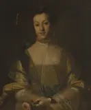 Henry Pickering, Portrait of a lady, half-length, in a gold dress and lace shawl, holding a pink rose, oil on canvas
