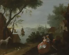 Bartholomew Dandridge, Young lovers in a coastal landscape, oil on canvas