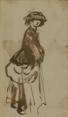 George Romney, Portrait sketch of a woman in a wide-brimmed hat, pen and brown ink and washes