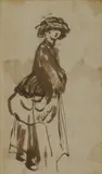 George Romney, Portrait sketch of a woman in a wide-brimmed hat, pen and brown ink and washes