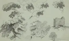 Edward Lear, Studies of a building, trees and a distant Roman aqueduct, possibly the Anio Novus, pencil on blue paper
