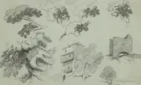 Edward Lear, Studies of a building, trees and a distant Roman aqueduct, possibly the Anio Novus, pencil on blue paper