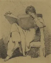 A man sitting on a chair reading from a large volume by George Jones, pencil, sold May 2026